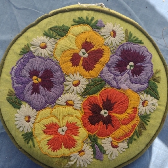 Floral Embroidered Decorative Pillow Crevel Pansies 1950's - Picture 1 of 2